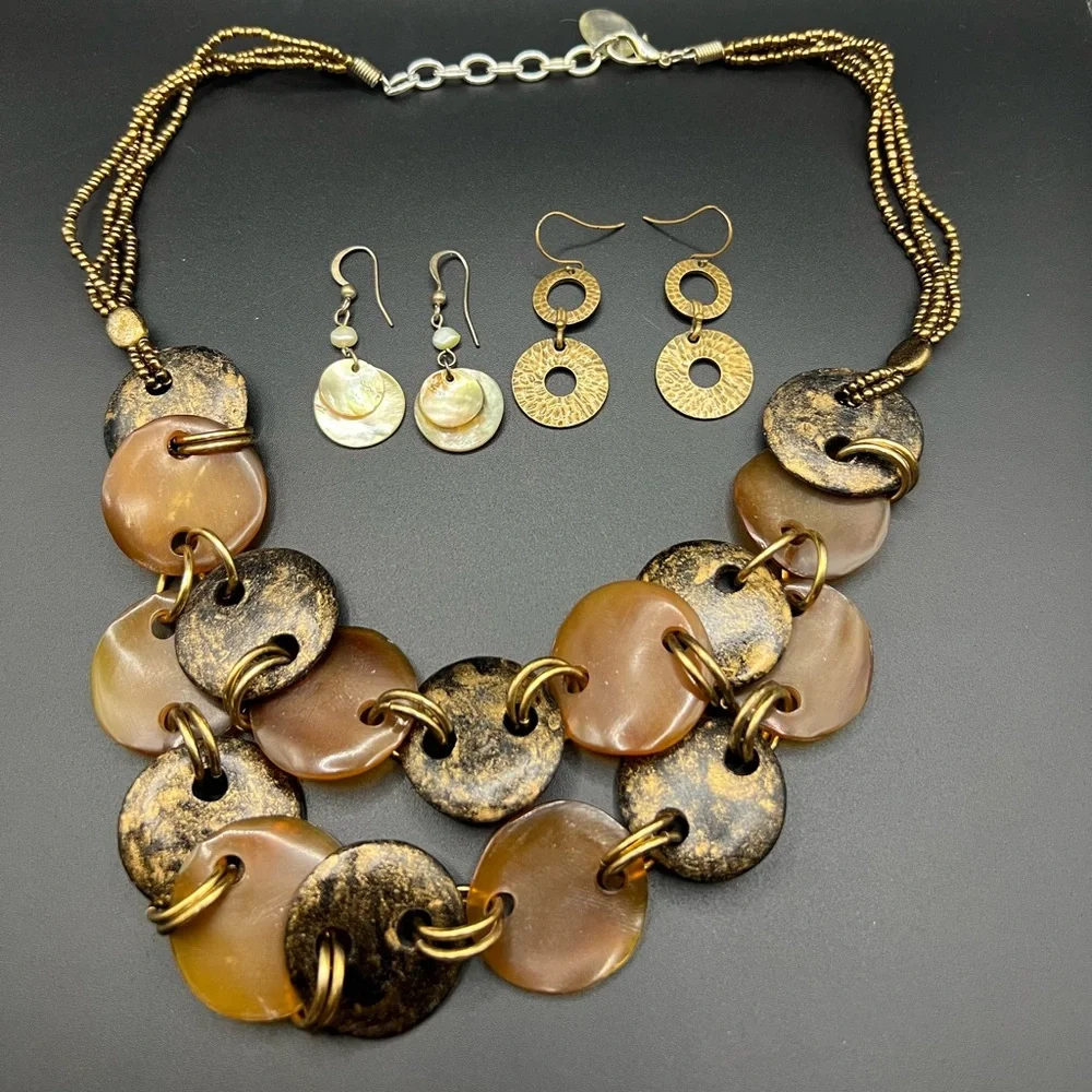 Boho Brown and Gold Colored Necklace and Earring Set Mother of Pearl Wood